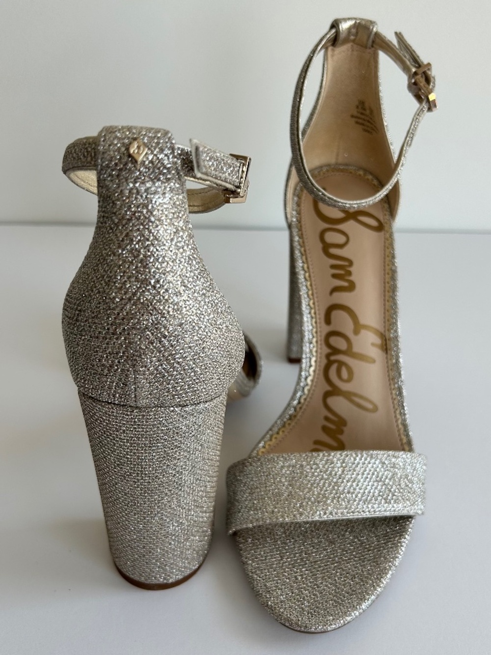 ✨ Sam Edelman Yaro Gold Shimmer Block Heels Size 8.5 NIB ✨